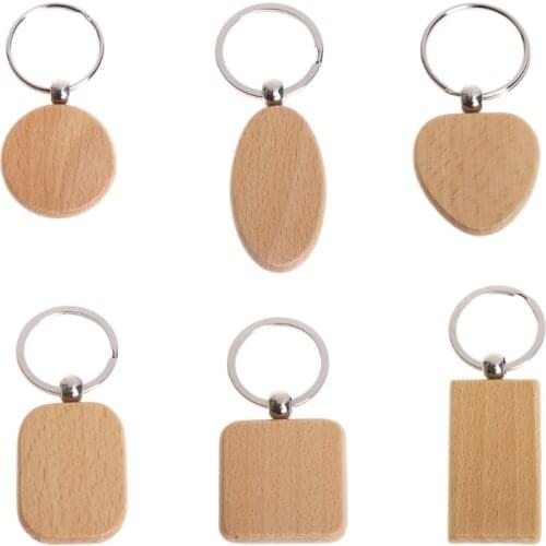 Natural Wood bamboo wooden Key Ring Keychain Round Square Heart Shap Anti Lost Wood Accessories Gifts