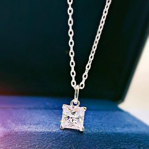 925 Sterling Silver Simple Created Moissanite Princess Necklace Four Prong Set Pendant Clavicle Chain For Women Fine Jewelry