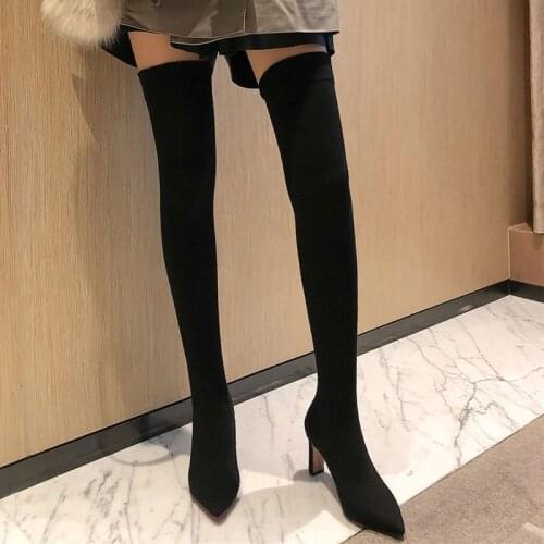Elastic woollen over the knee boots women socks black boots long thigh high slim knitting boots platform designer autumn shoes