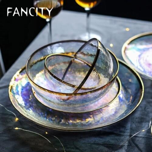 FANCITY Transparent Glass Bowl Plate Cutlery Set Phnom Penh Dessert Fruit Salad Bowl Single Creative Household Heat Resistant