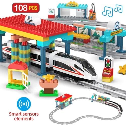 City Induction High-speed Train Station Architecture Big Building Blocks Technical Track Car Sound Bricks Toys For Children Gift