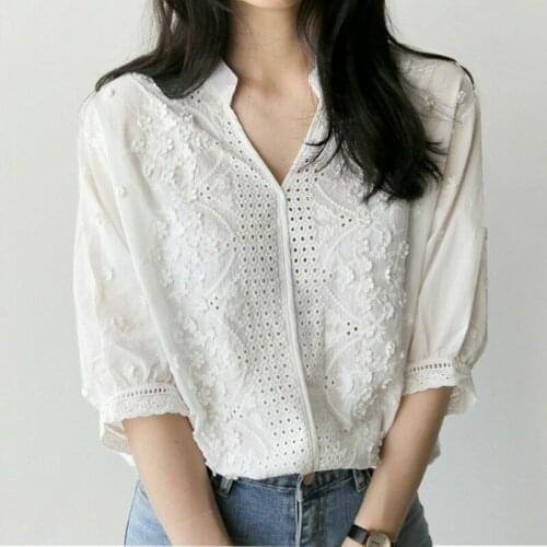 Fashion Women V Neck Hollow Out Loose White Shirt Long Sleeve Ladies Blouses