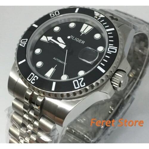 Bliger 40mm stainless Case Sapphire Glass Ceramic bezel black Dial Date Luminous Mens Top Casual Mechanical Automatic Watch