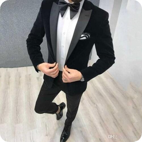 2019 Latest Coat Pant Designs Black Velvet Men Suit Slim Fit 2 Pieces Men Wedding Suits Groom Party Tuxedos Blazer With Pants