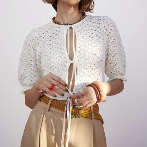 MXIN 2021 Women Spring Fashion White Cropped Knitted Cardigan Sweater Vintage Bow Tie O Neck Short Sleeve Female Chic Tops
