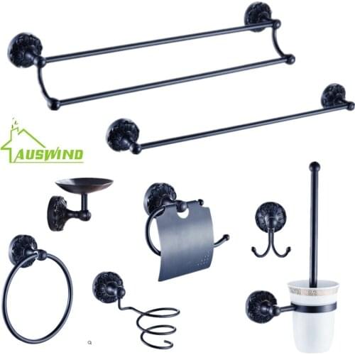 AUSWIND Antique Black oil bronze carving round base bathroom hardware set wall mount bathroom accessories