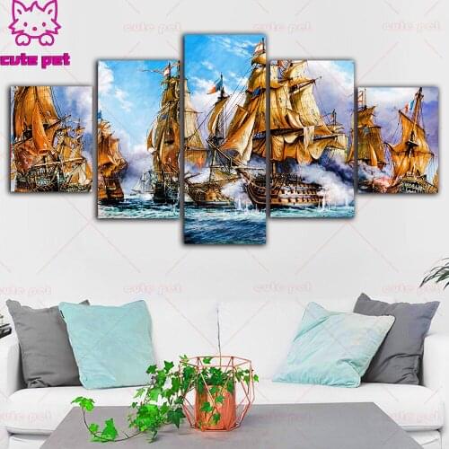 5D DIY Diamond Painting Naval battle sailboat Handmade Home Decor Full Drill Cross stitch Diamond Embroidery Holiday gift 5PCS