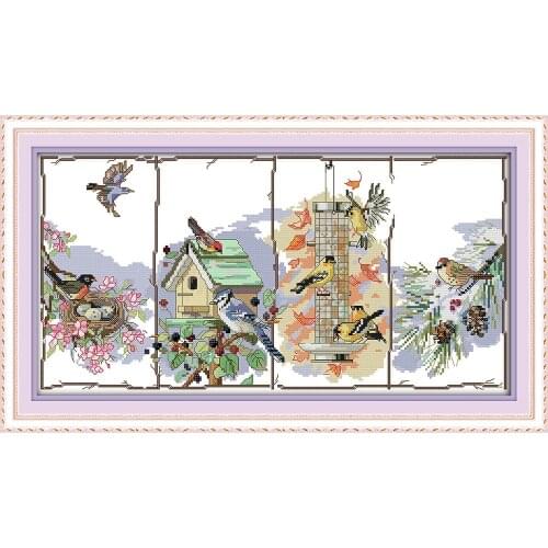 Joy Sunday The Birds Of The Four Seasons Chinese Cross Stitch Kits Ecological Cotton Stamped 11C DIY Wedding Decoration For Home