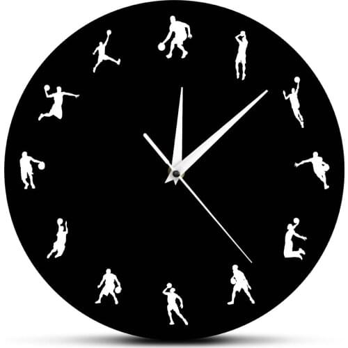 Basketball Sport Game Wall Clock Basketball Players Minimalist Design Shooting Postures Slam Dunk Modern Clock Basketball Gift