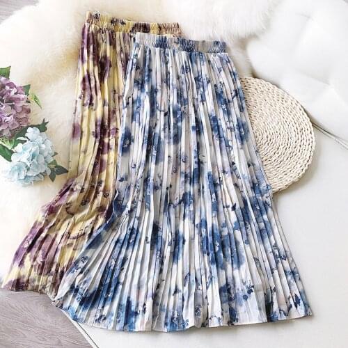 2021 New Women Summer Chiffon Skirt Stretch High Waist Floral Long Skirt Femme Elegant Faldas Jupe Saia Women Boho Pleated Skirt