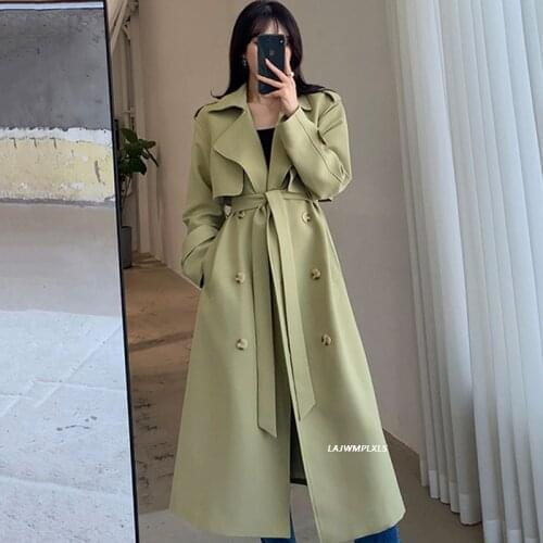 New Green Women Trench Coat Long Double Breasted Belt 2021 Fashion Spring Autumn office lady Windbreaker Outerwear high Quality