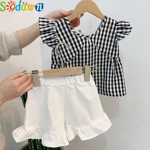 Sodawn Baby Girl Clothes Summer Children Clothing Flying Sleeveless Tops+White Shorts 2Pcs Plaid 2020 New Kids Clothing For Girl