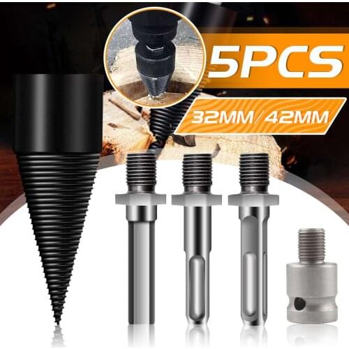 5Pcs 42mm Firewood Splitter Drill Bit Round/Hex/Triangle Shank Wood Cone Reamer Punch Driver Step Drill Bit Woodworking Tool