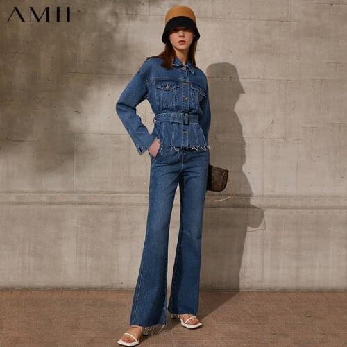 Amii Minimalism Spring Summer Womens Jean jacket Causal Lapel Single Breated Jean Coat Fashion Bell-bottomed Pants 12140152