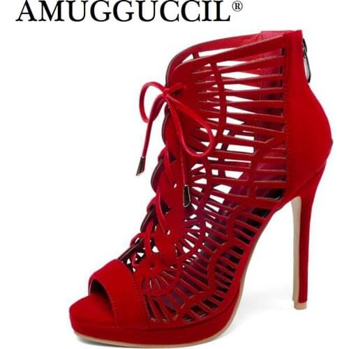 2020 New Plus Big Size 28-52 Black Red Zip Lace Up Fashion High Heel Platform Females Lady Sandals Ankle Women Summer Boots L994