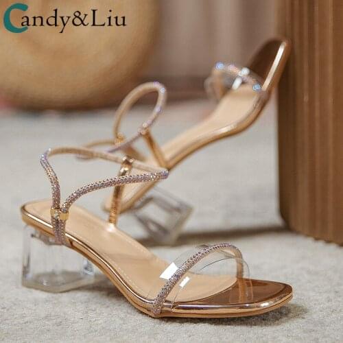 High-heeled sandals womens 2021 summer new Rhinestone one line belt fashion Square Head thick heel shallow mouth womens shoes