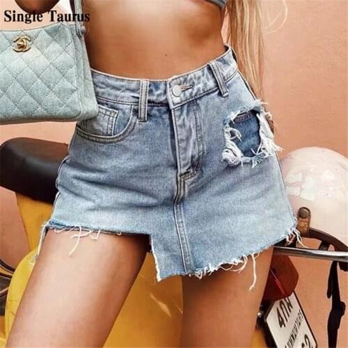 High Waist Fashion Female Denim Shorts Skirts Streetwear Casual Irregular Hole Wide Leg Jeans Spandex Shorts Pants Dropshipping