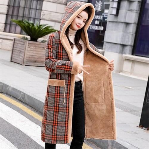 Long Section Lamb Fur Coat Female 2019 Winter Fashion New Thick Plaid Hooded Warm Lamb Fur Grass Coat Tide H0214