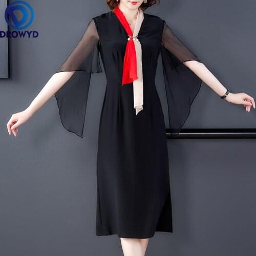 2021 Women Long Dress Spring New Casual Silk Short Sleeve High Waist V-Neck Black Dresses Fashion Sexy Traf Robe Party Vestidos