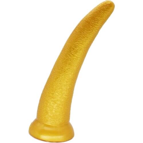 Golden curved long dildo ox horn design soft silicone penis with suction anal plug suction g spot stimulate pussy sex toys