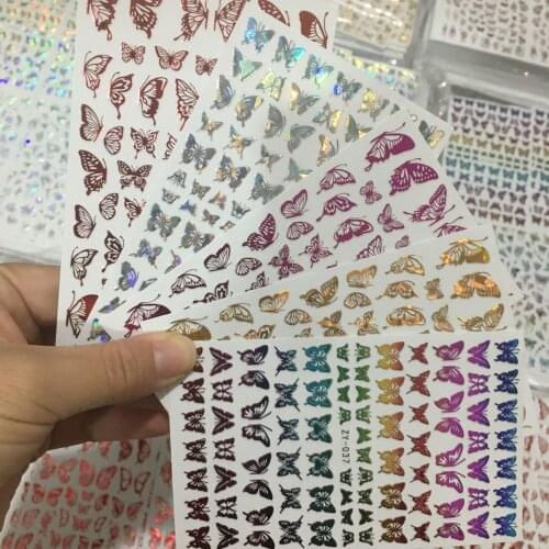 1 Sheet 7*12.2cm Adhesive Gold Butterfly Nail Stickers Holographic Glitter Charms Nail Tips Holo Decals Sticker