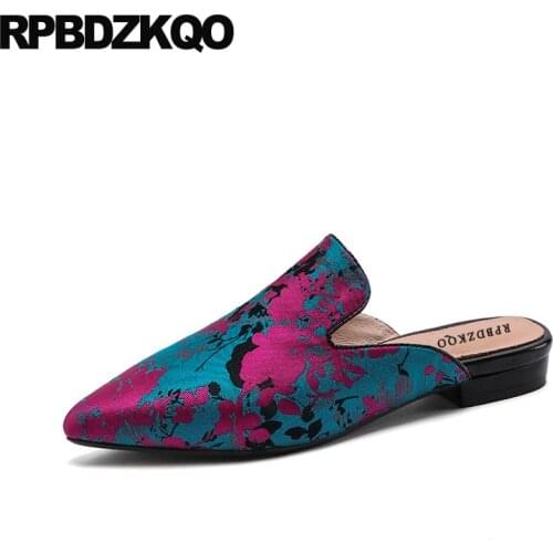11 Wide Fit 10 Pointed Toe Flower Women Traditional Chinese Shoes Peacock Satin Large Size Slippers Vintage Mules Embroidered