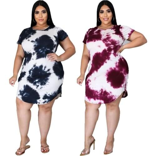 201 Summer Woman Casual Dresses Sexy Womens Round Neck Short Sleeve Plus Size Tie-dye Printing Irregular Hem Ladies Dress