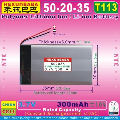 5pcs [T113] 3.7V 300mAh [502035] NTC;Polymer Li-ion battery for bluetooth,voice recorder pen,smart watch,smartband;mp3