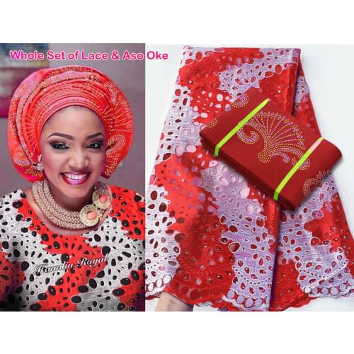 5 yards Red Silver Embroidered African Tulle Lace French Fabric Matching Aso Oke Headtie Gele Headgear Hair Wrap High Quality