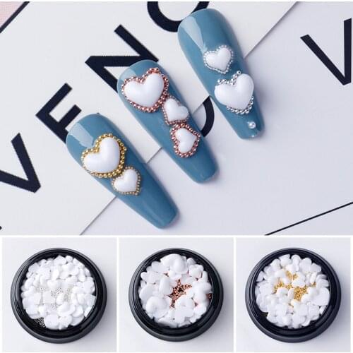 50Pcs Heart Nail Decorations+Metal Beads In The Box Mixed Size Nail Art Beads With White Heart DIY Nail Art Manicure Accessories