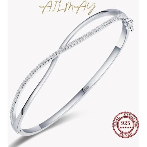 Ailmay New Arrival 925 Sterling Silver Simple Clear Zircon Bracelets Interwoven Line Bracelets For Women Statement Jewelry Gift