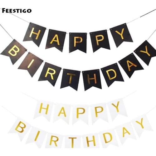 FEESTIGO 1 Set Paper Happy Birthday Banner Flag Black Bunting Garland Party Photo Booth Decorations Baby Shower Party Supplies