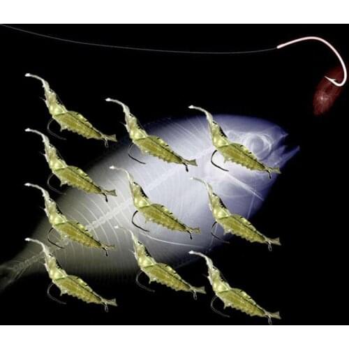 Hot Sale 10pcs Shrimp Soft Prawn Lure Hook Tackle Bait Saltwater Bass Fishing Lures Soft Light Bait Fishing Accessories 6