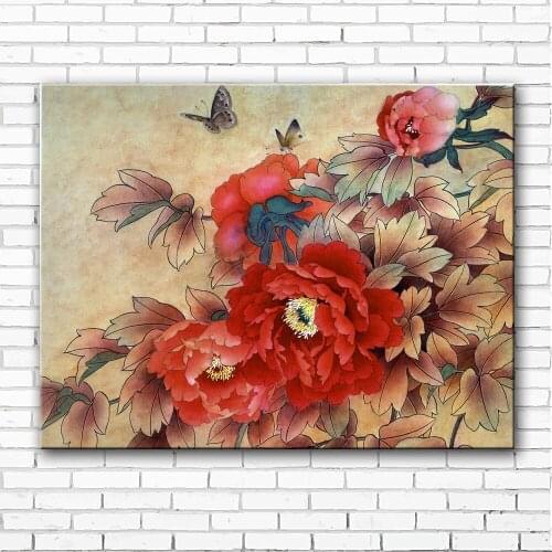 Chinese style red peony butterfly scenery canvas printings oil painting printed on canvas home wall art decoration picture
