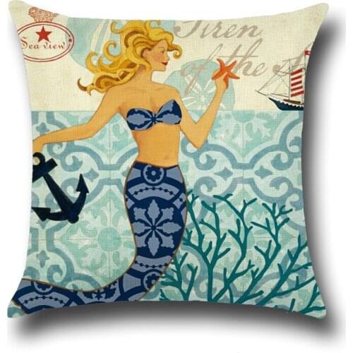Classical Mermaid Cotton Linen Cushion Home Decor Sofa Throw Pillows Office Nap Pillow Cover Car Back Seat Pillowcase Cover