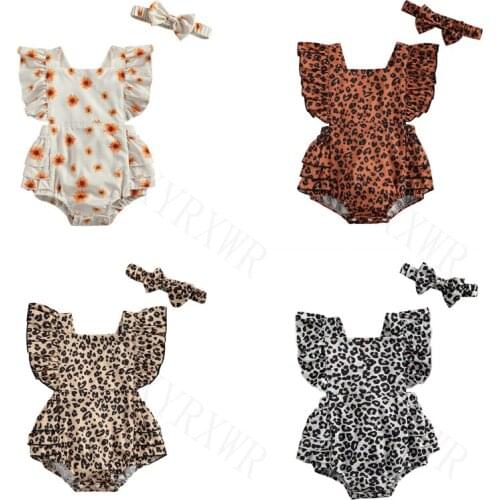 4 Color Summer Baby Rompers Newborn Baby Clothes Toddler Boys Girls Ruffles Sleeveless Leopard Print Romper Jumpsuits Headband