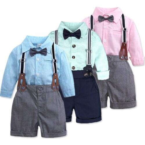 Newborn Babys Sets Spring Summer Gentleman Outfits Cotton Kids Tracksuits Infant Bow Shirt+Bib Pants Toddler Boy Clothes Set