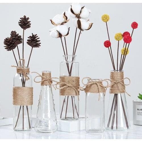 Creative Nordic Glass Vase European Floral Ornament Transparent Hydroponic Green Flower Arrangement Hemp Rope Dried Flower Vase