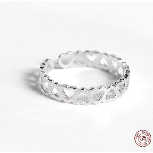 LKO 925 Sterling Silver Hollowed-Out Heart Shape Open Ring Design Cute Fashion Love Jewelry for Women Girl Gifts Adjustable