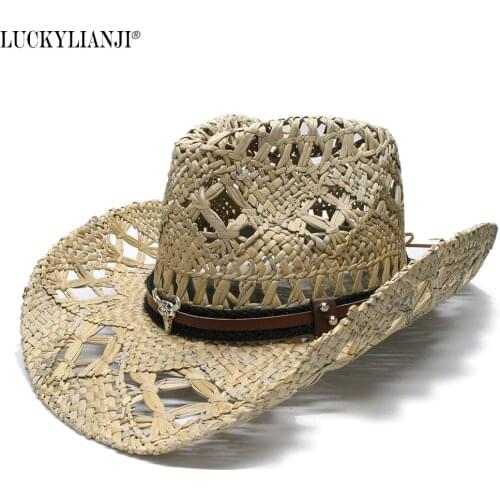 LUCKYLIANJI Womens Mens Unisexs Original Color Wide Brim Straw Sun Beach Western Cowgirl Cowboy Hat Cow Head Band (58cm)