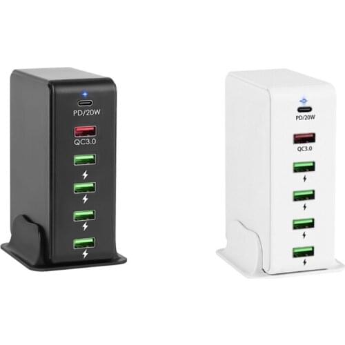 Multi USB C Quick Charge QC3.0 Wall Charger 65W 6 Port Fast Desktop 20W PD Charging Station for Phone, EU Plug