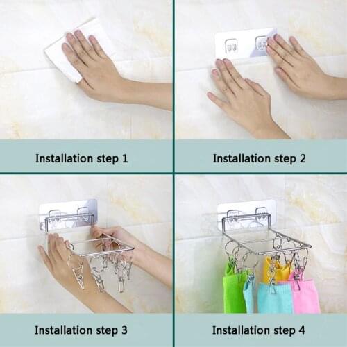 Wall Mount Stainless Steel Clothes Pin Hanger Storage Organizer Laundry Drying Rack with 8/10 Clips for Hat Sock Underwear Glove