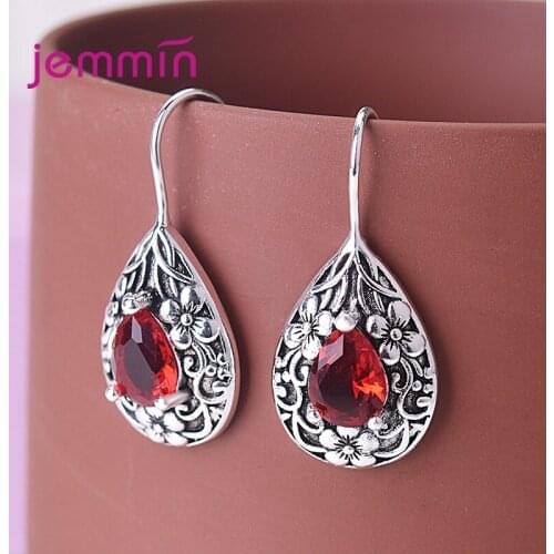 Trendy Flower Red Ruby Drop Earrings Genunie 925 Sterling Silver Jewelry Earrings Women Engagement Party Gift