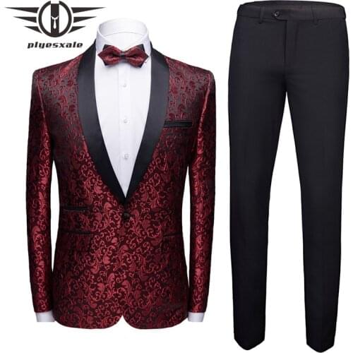 Plyesxale Mens Floral Print Suits Luxury Boutique Suit Man Wedding Elegant Burgundy Prom Tuxedo Jacket Pants Dropshipping Q82