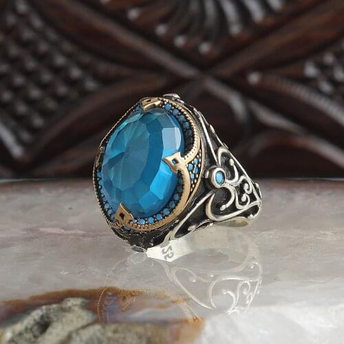 Crystal Cut Blue Topaz 925 Sterling Silver Men 'S Ring