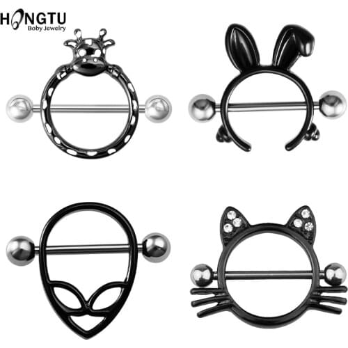 2Pc Black Animal Nipple Piercing Bar Breast Piercing Jewelry Surgical steel Nipple Rings Shield Cover Barbell Sexy Piercings 14G