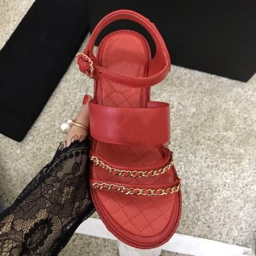 Woman Shoes Summer New Flat Womens Fine With Straps Chain With Sandals Women Buckle Open Toe Shoes Women Red Zapatos De Mujer