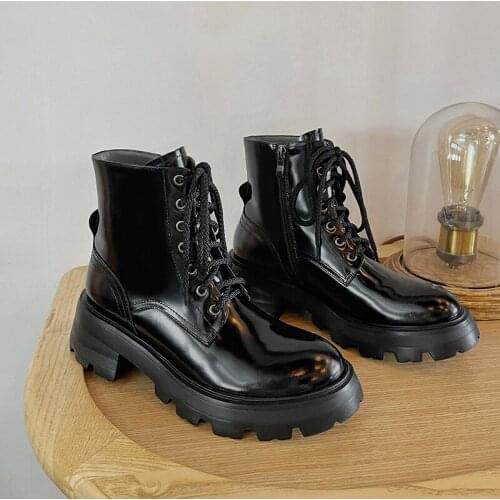 Womens Platform Boots Thick Bottom Booties Cowhide Winter Shoes for Women Lace-Up Woman Martin Ankle Boots Street Style botas