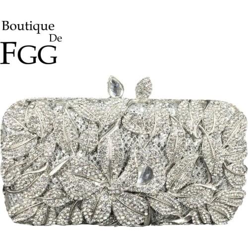 Boutique De FGG Women Silver Flower Evening Bags and Clutches Formal Party Dinner Rhinestone Clutch Purse Wedding Handbag