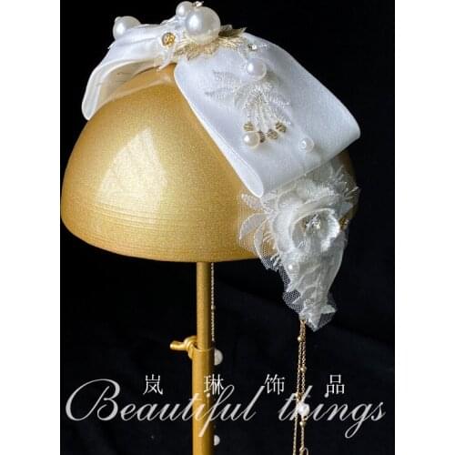 Korean Style Women White Satin embroidery Hairband Fairy Flower Bow Headbands Pearl Fringe Wedding Party Bride Hair Accessories
